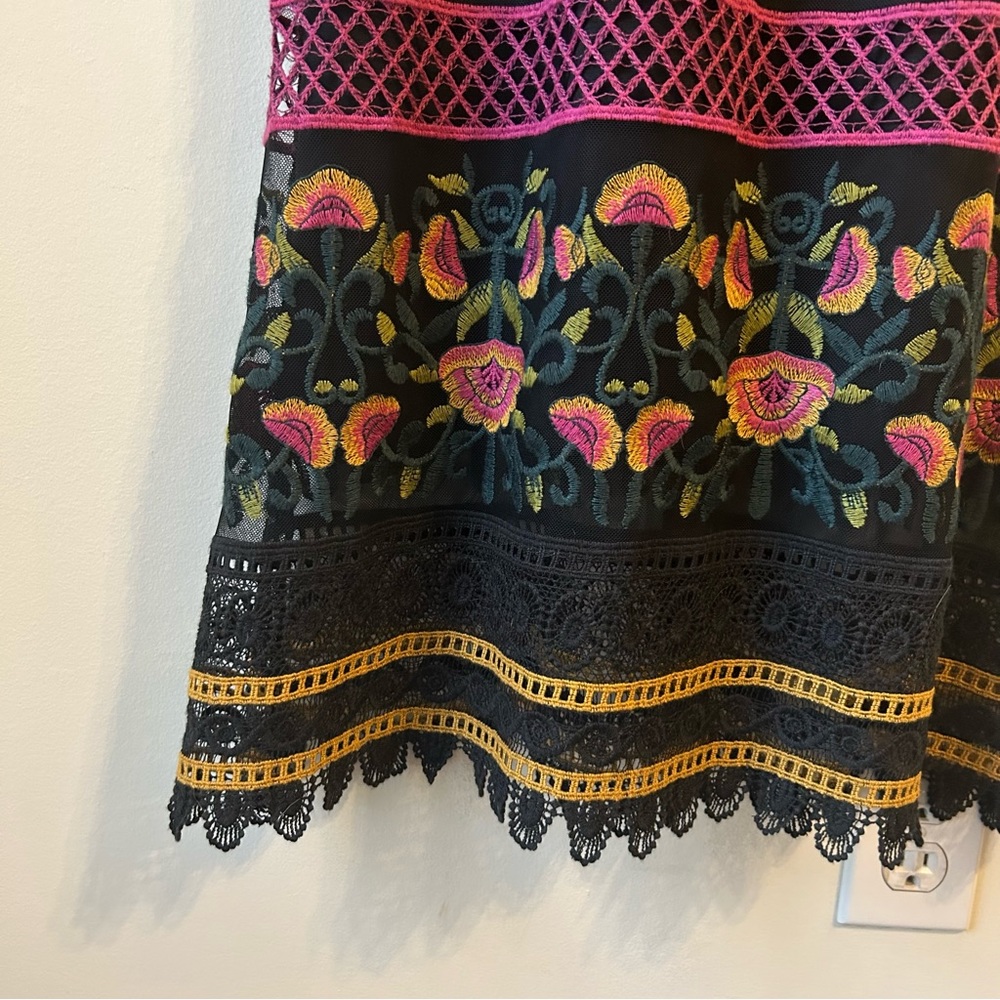Anthropologie Black & Mustard Floral Lace Midi Dress with Pink Accents - Picture 6 of 10